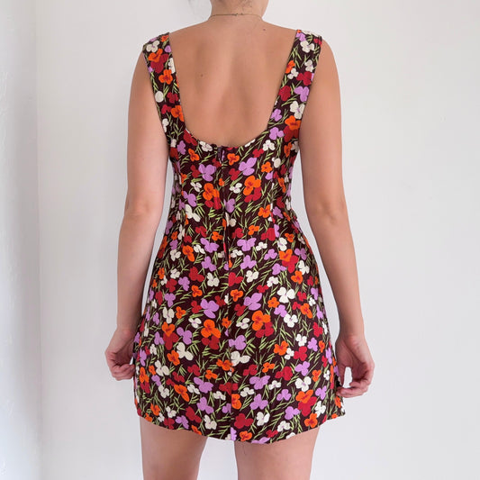 90's Does 70's Brown Floral Mini Dress / SZ M