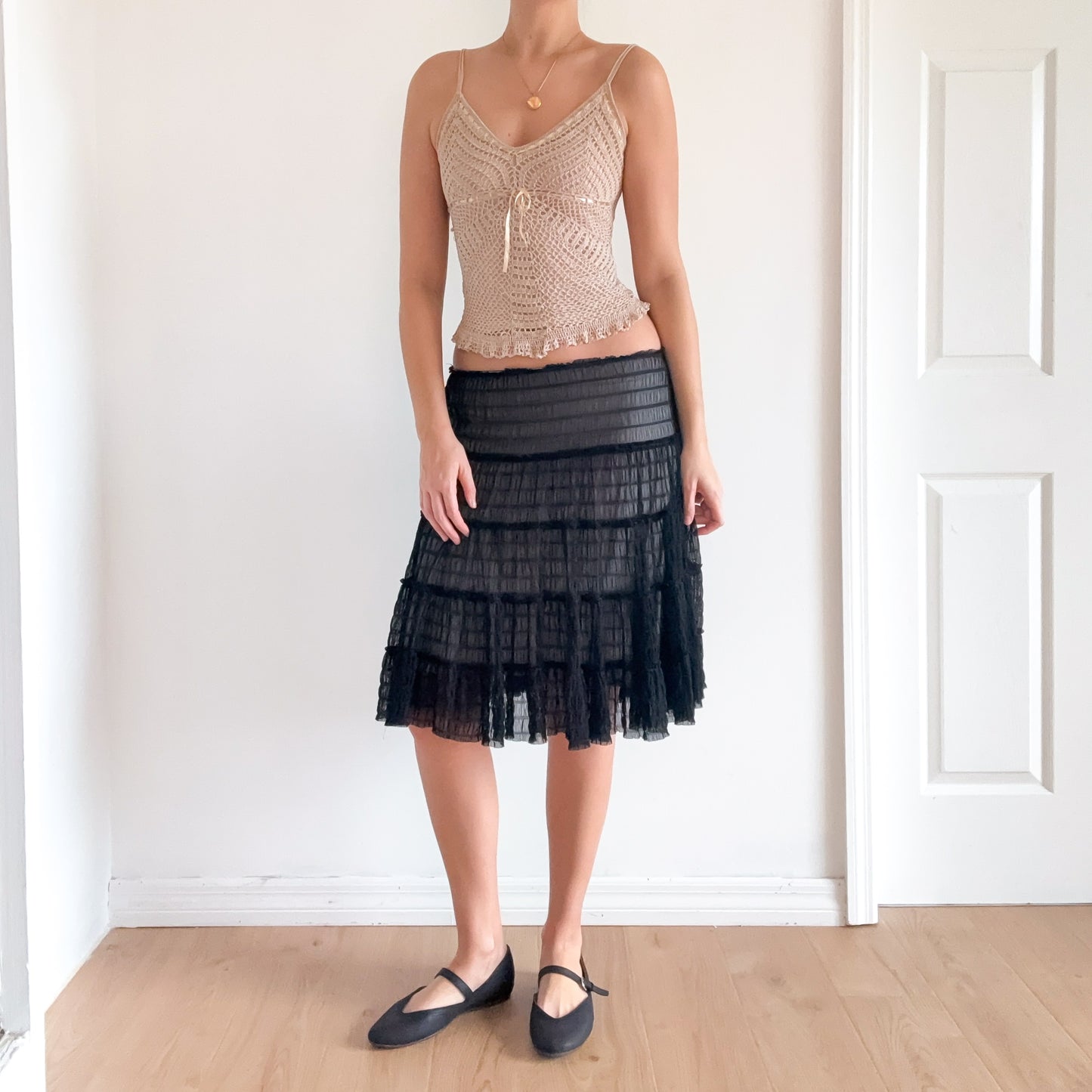 Y2K Black Mesh Smocked Midi Skirt / SZ M-L