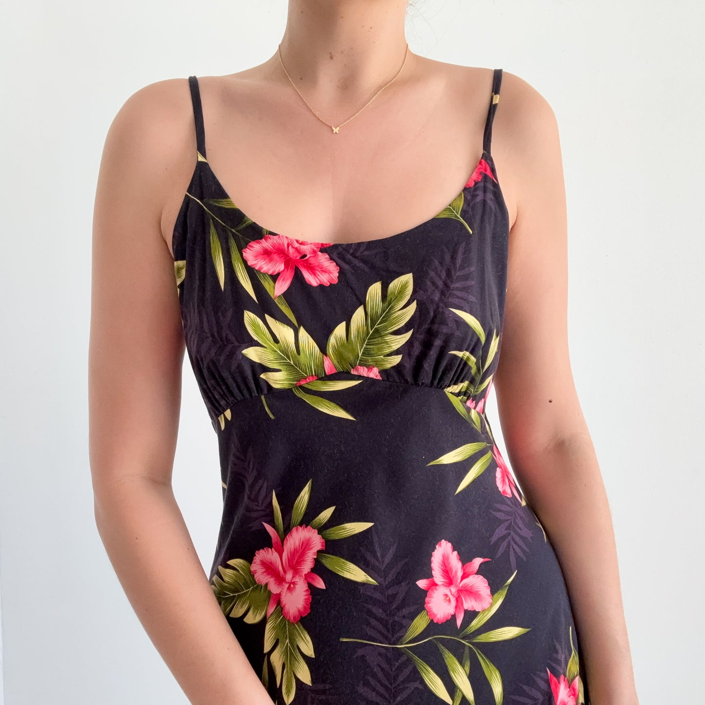 Y2K Dark Blue & Pink Tropical Midi Dress / SZ M