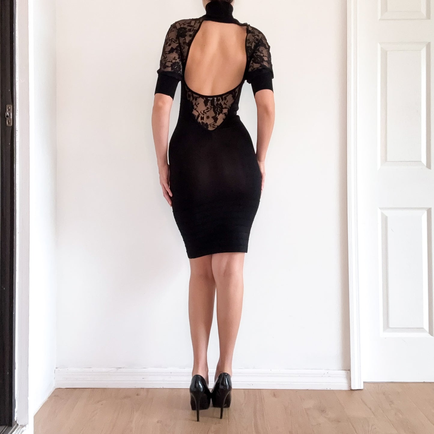 Y2K Bebe Black Knit Lace Turtleneck Dress / SZ S