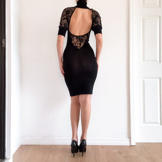 Y2K Bebe Black Knit Lace Turtleneck Dress / SZ S