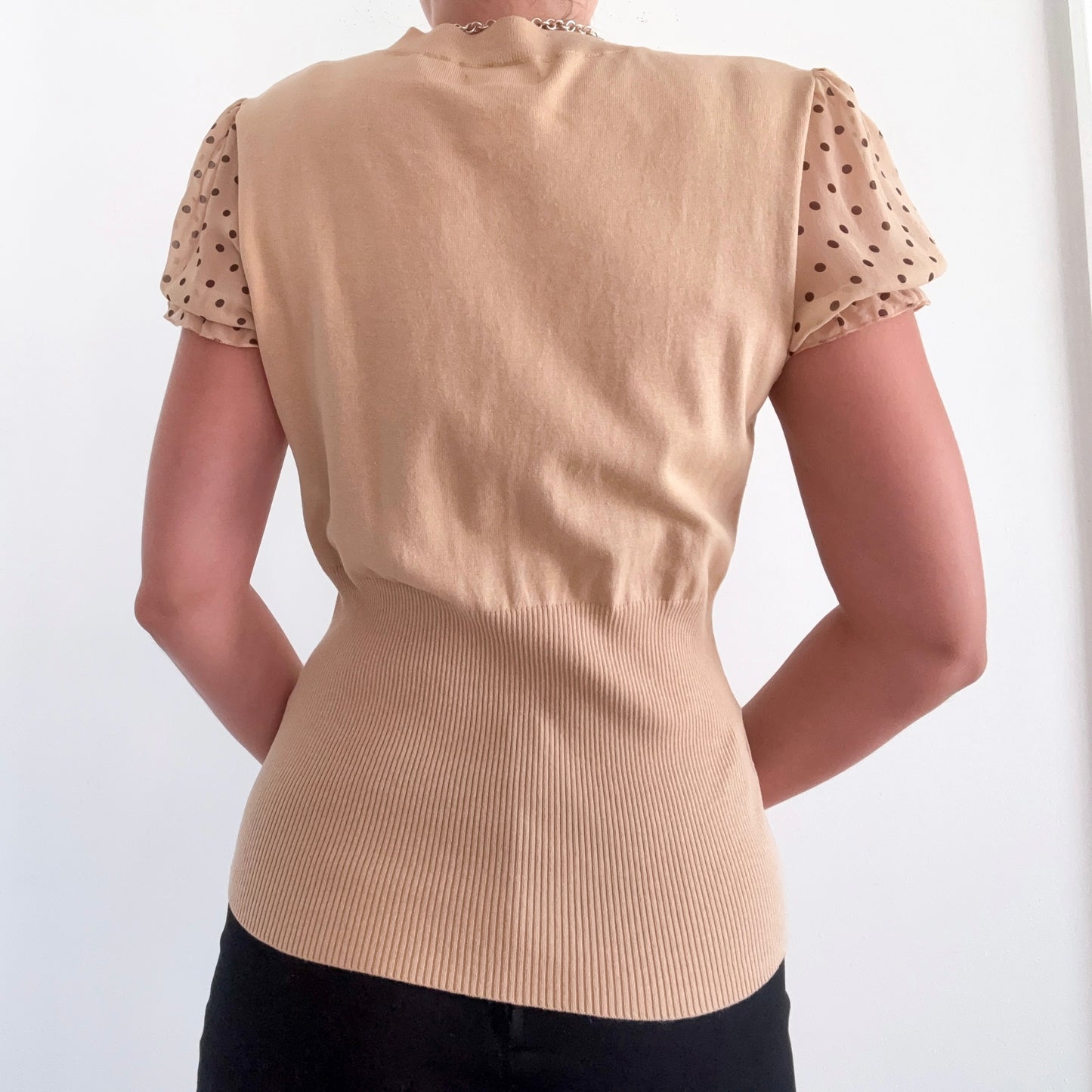 Y2K Nude Silk Knit Layered Polka Dot Top / SZ M