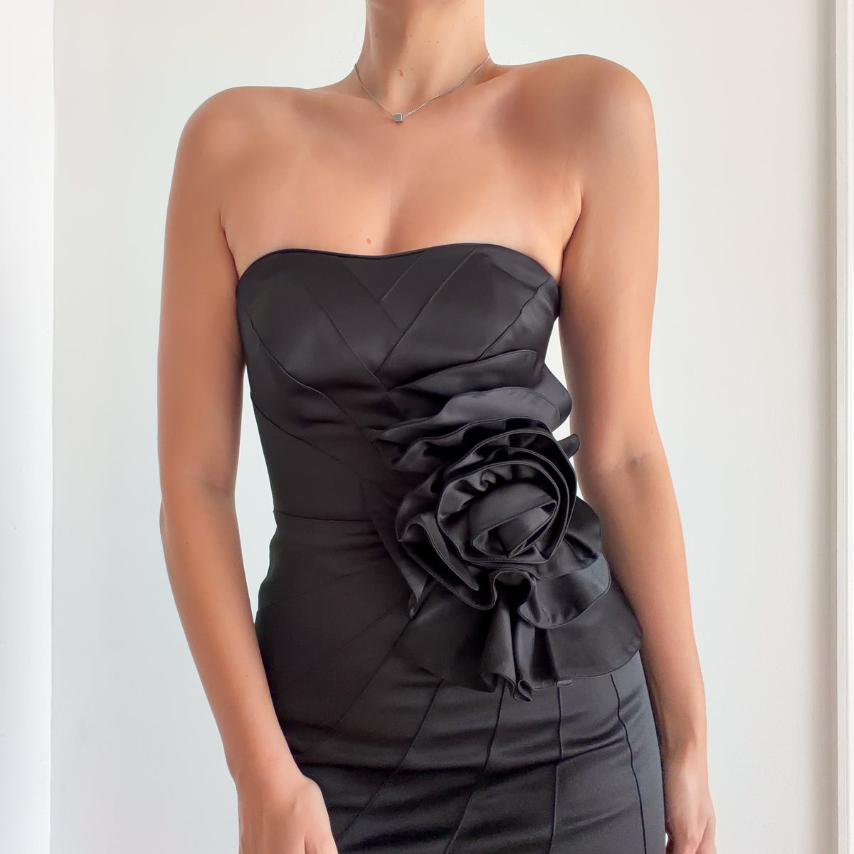 Y2K Black Satin Rosette Cocktail Dress / SZ 0/2