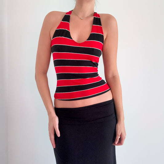 Y2K Red & Black Striped Halter Top / SZ S-M