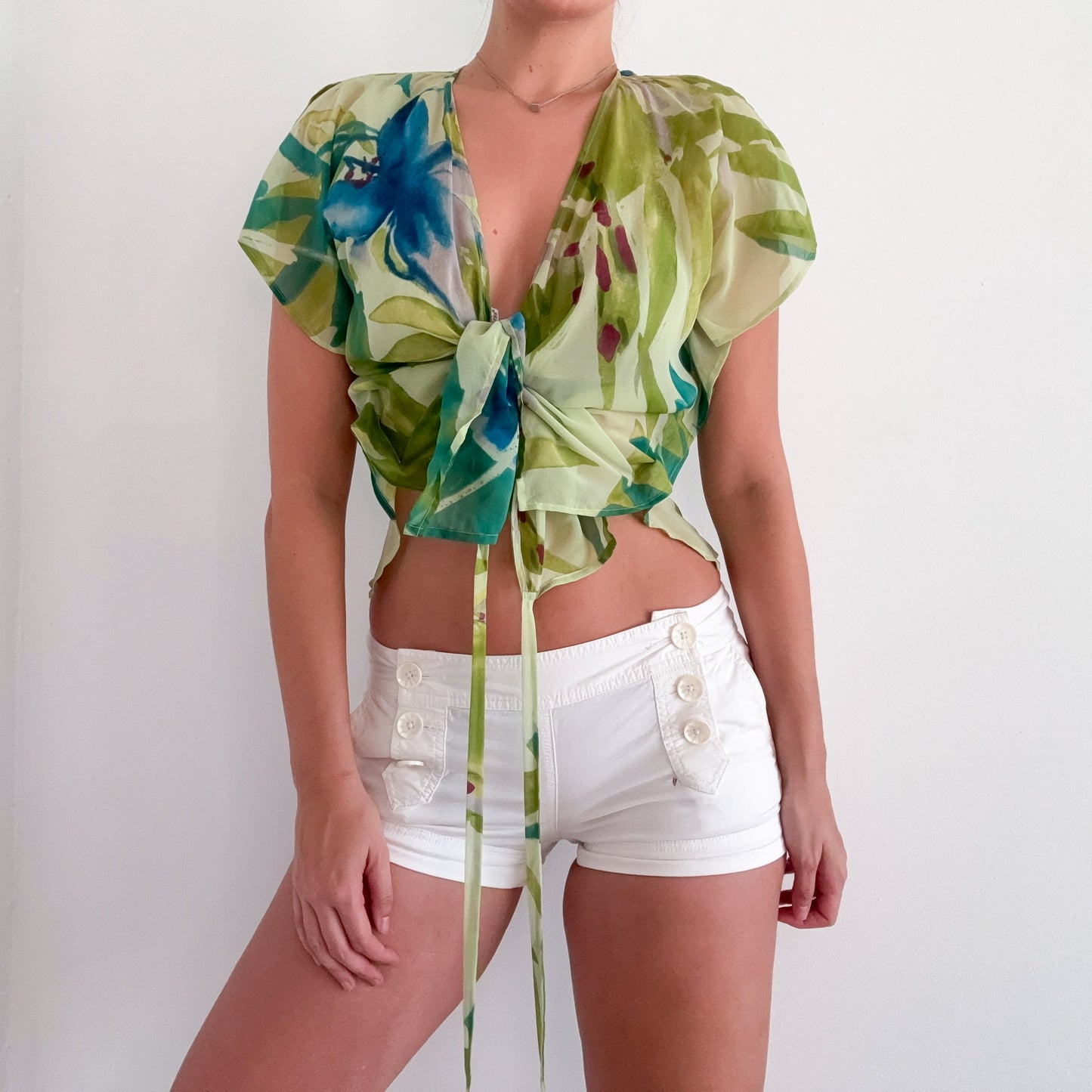 Y2K MaxMara Green Watercolor Silk Wrap Blouse / SZ 6