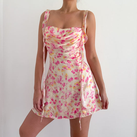 Maje Cream & Pink Floral Silky Mini Dress / SZ S