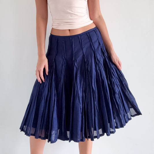 Y2K Dark Blue Cotton Pleated Midi Skirt / SZ M