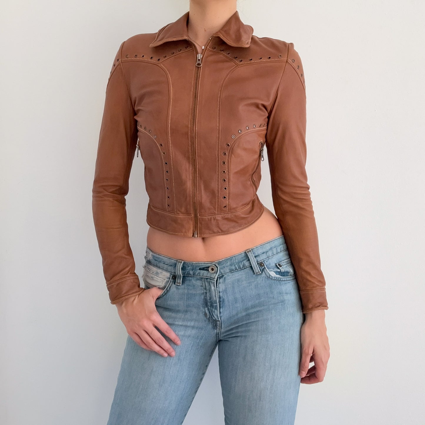 Brown Leather Grommet Jacket / SZ XS