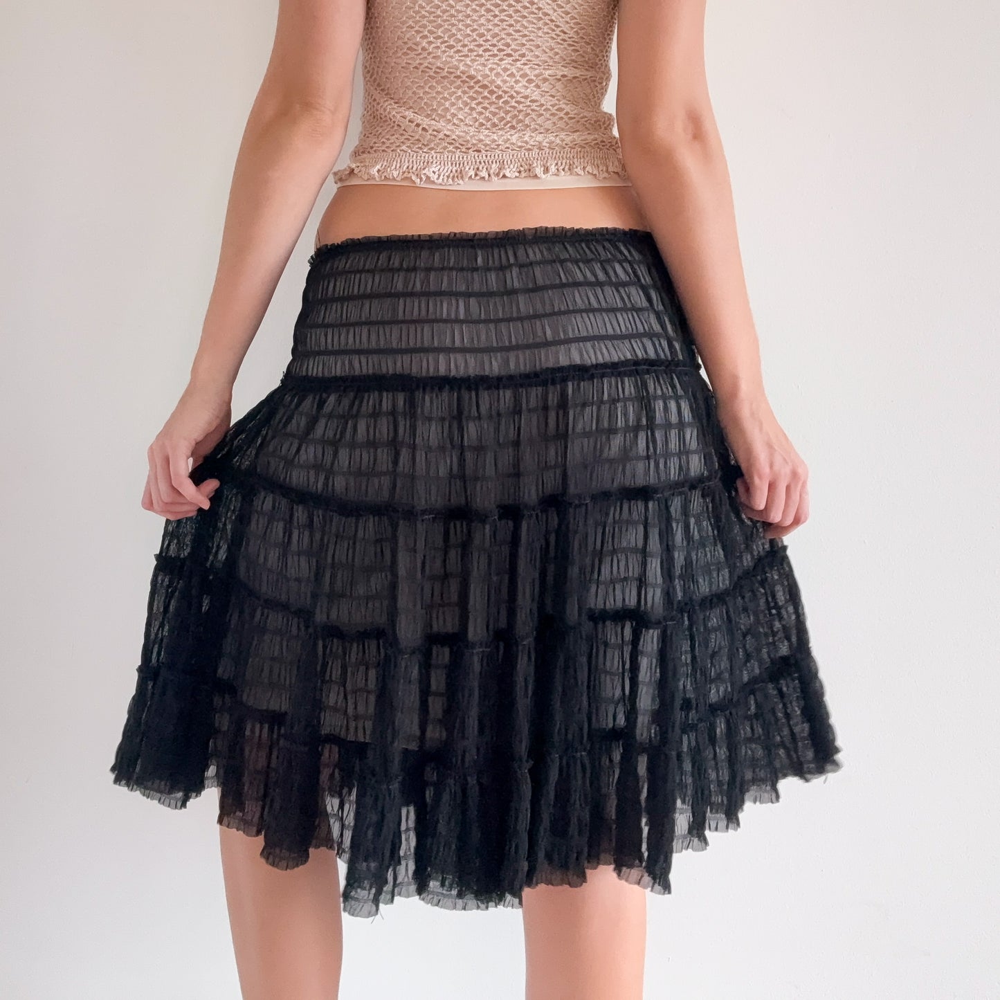 Y2K Black Mesh Smocked Midi Skirt / SZ M-L