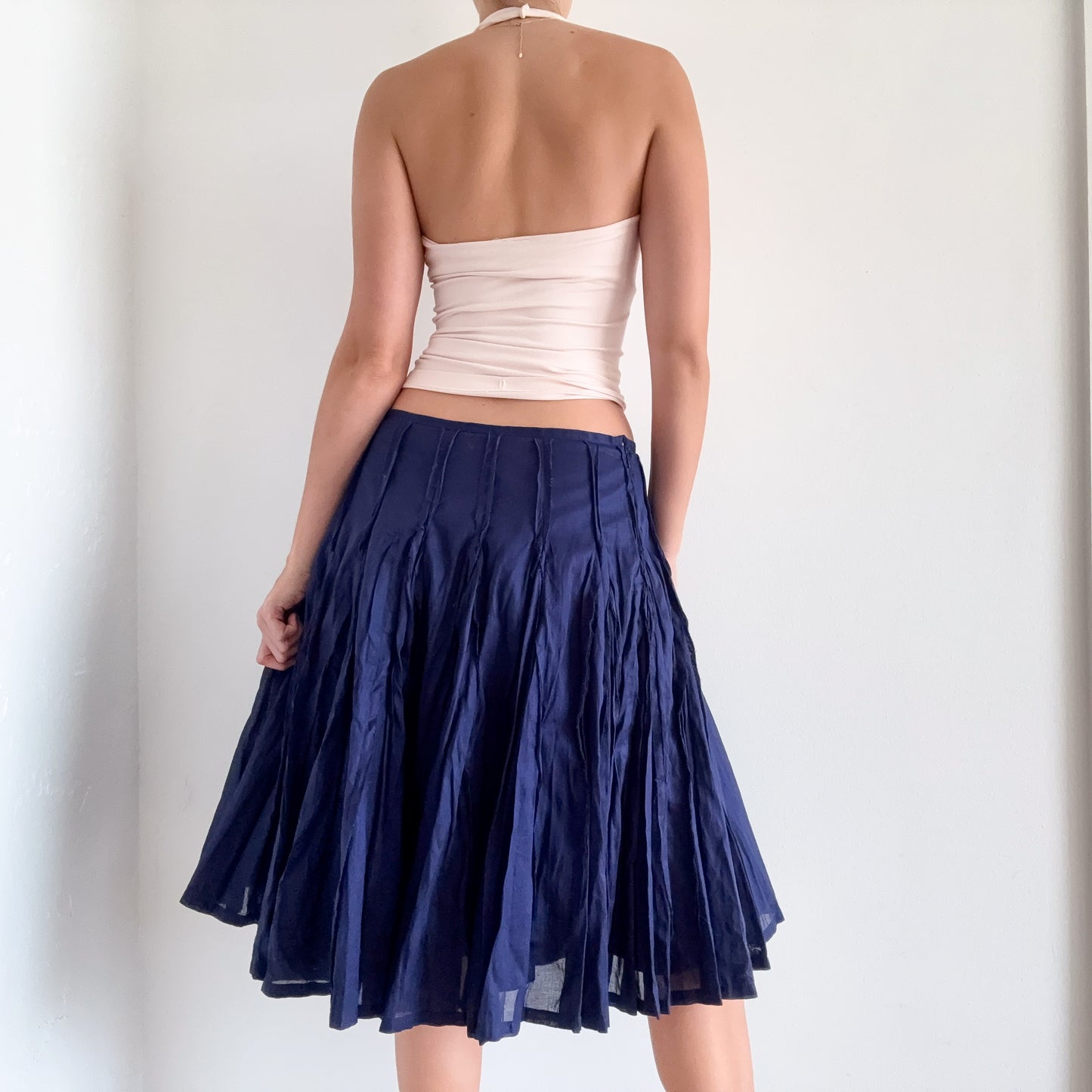 Y2K Dark Blue Cotton Pleated Midi Skirt / SZ M