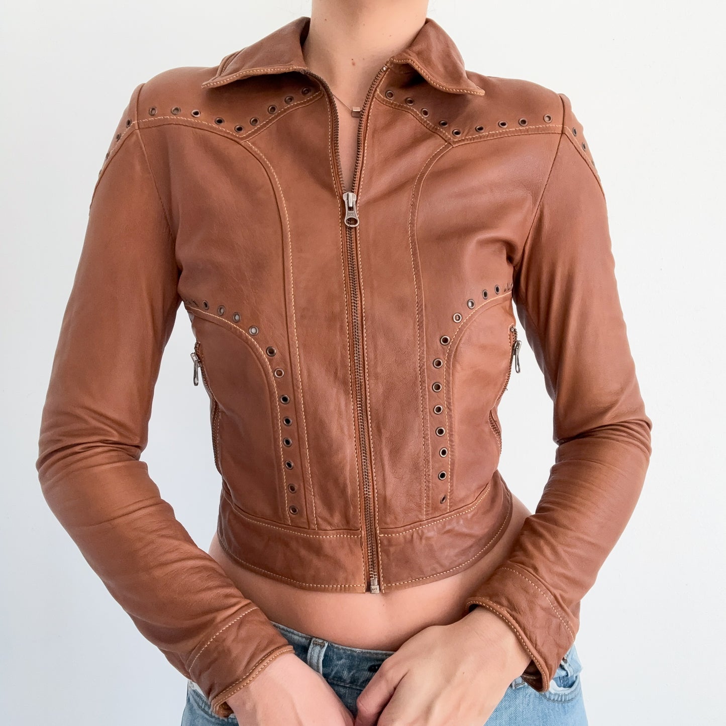 Brown Leather Grommet Jacket / SZ XS
