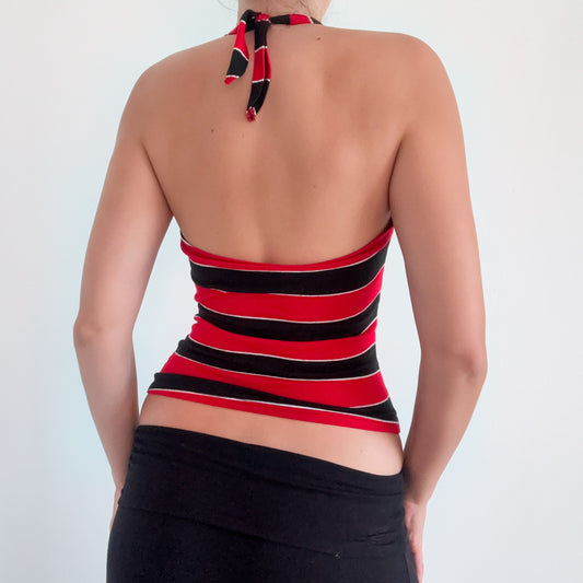 Y2K Red & Black Striped Halter Top / SZ S-M