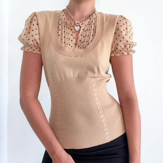 Y2K Nude Silk Knit Layered Polka Dot Top / SZ M