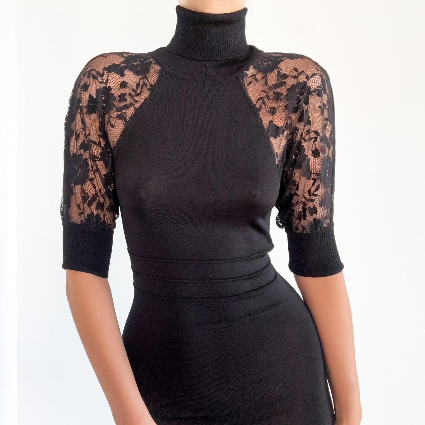 Y2K Bebe Black Knit Lace Turtleneck Dress / SZ S