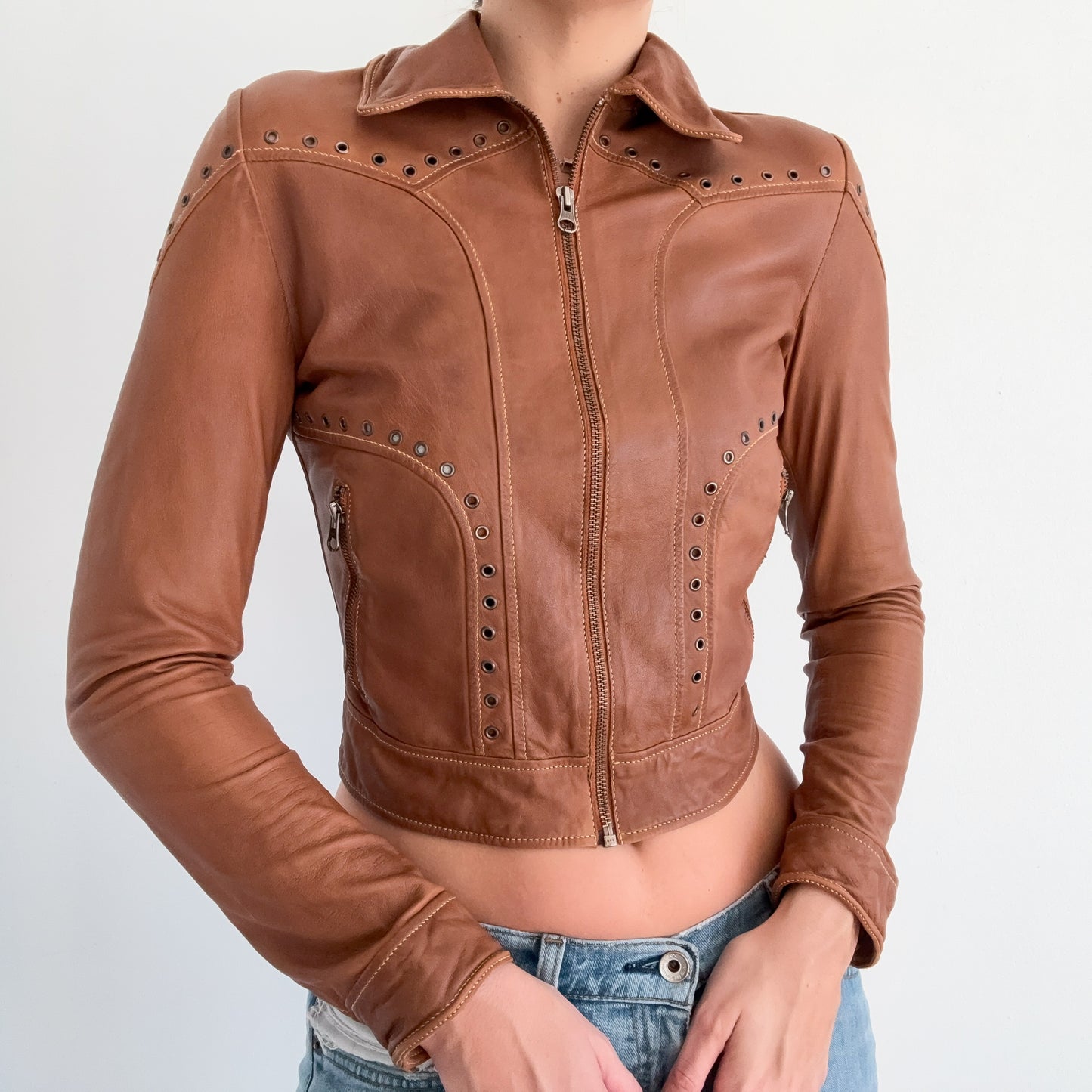 Brown Leather Grommet Jacket / SZ XS