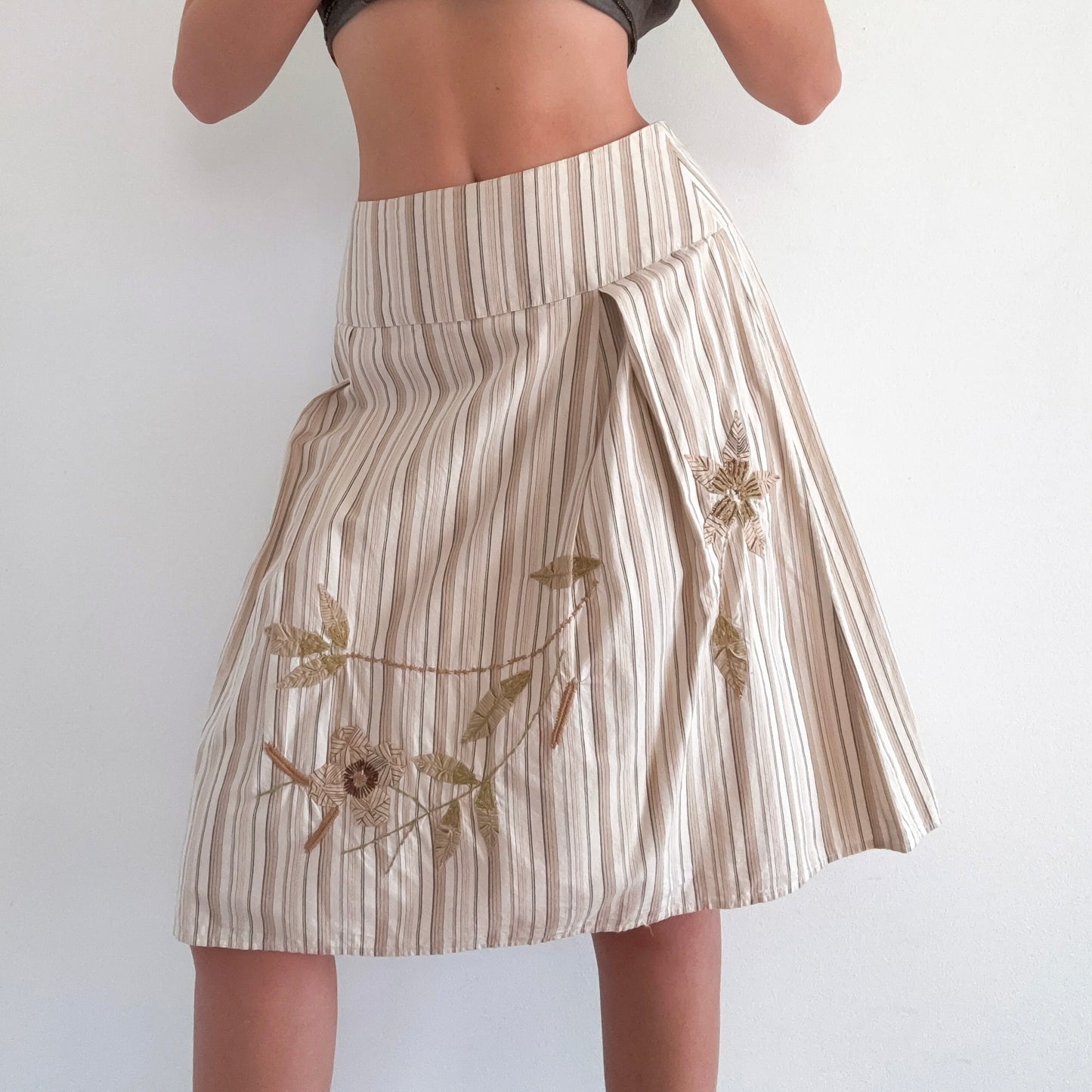 Y2K Cream Striped Floral Midi Skirt / SZ 4