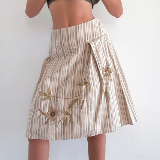 Y2K Cream Striped Floral Midi Skirt / SZ 4