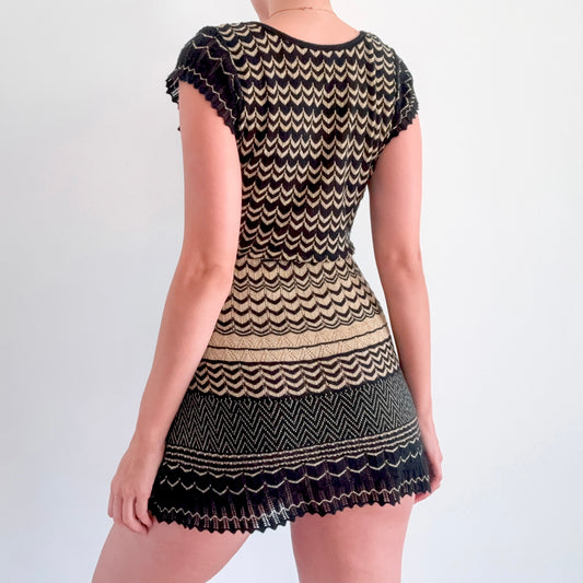 Y2K Black & Gold Sparkle Knit Mini Dress / SZ S