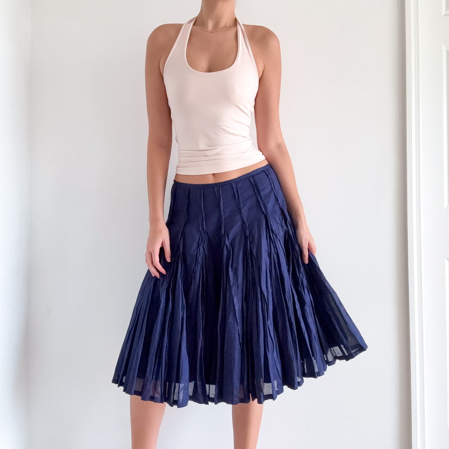 Y2K Dark Blue Cotton Pleated Midi Skirt / SZ M