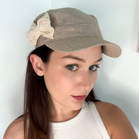 Y2K Ecru Linen Bow Army Cap
