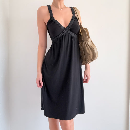 Y2K Black Satin Scrunch Trim Midi Dress / SZ S