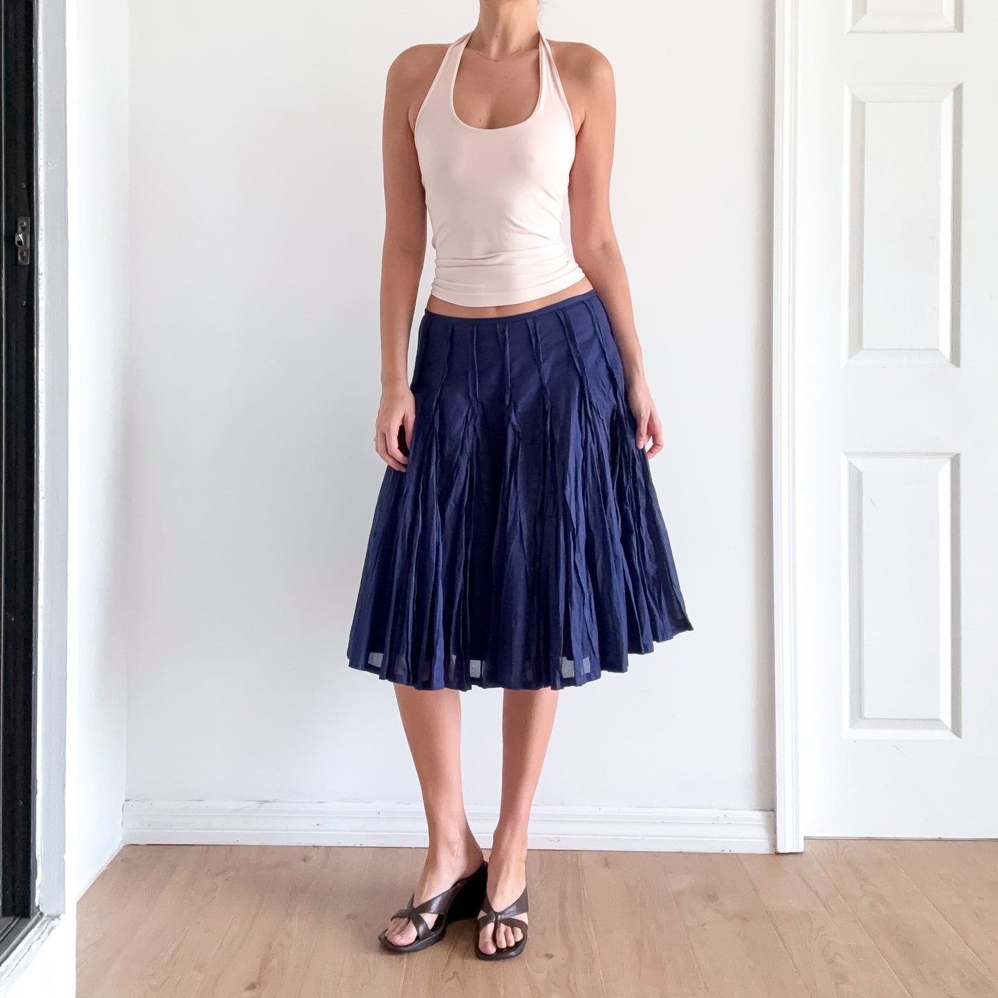 Y2K Dark Blue Cotton Pleated Midi Skirt / SZ M