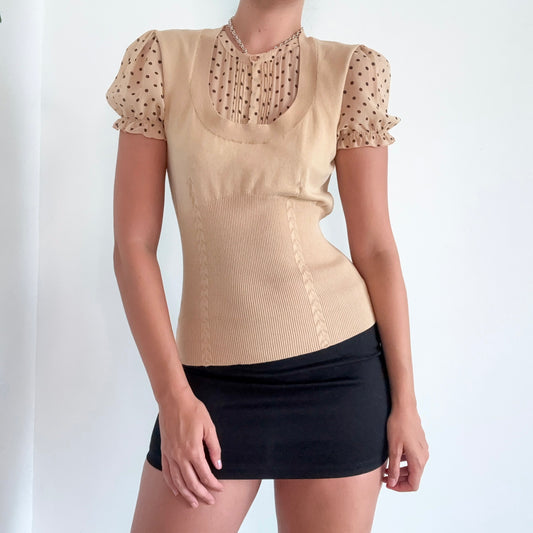 Y2K Nude Silk Knit Layered Polka Dot Top / SZ M