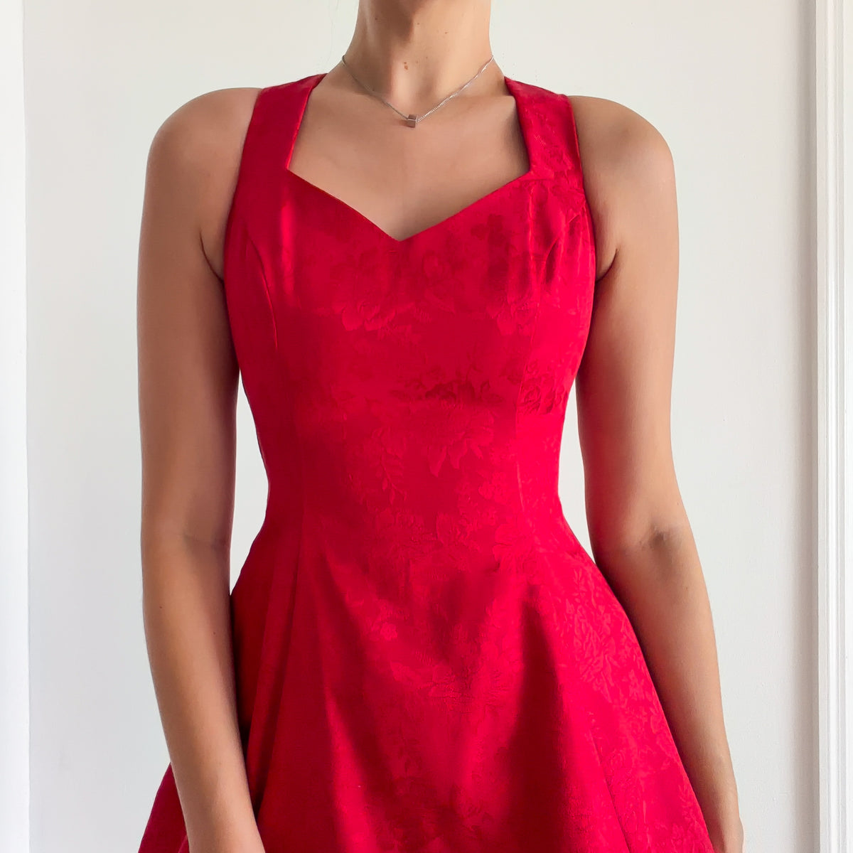 80's Red Brocade Lace Up Cocktail Dress / SZ S
