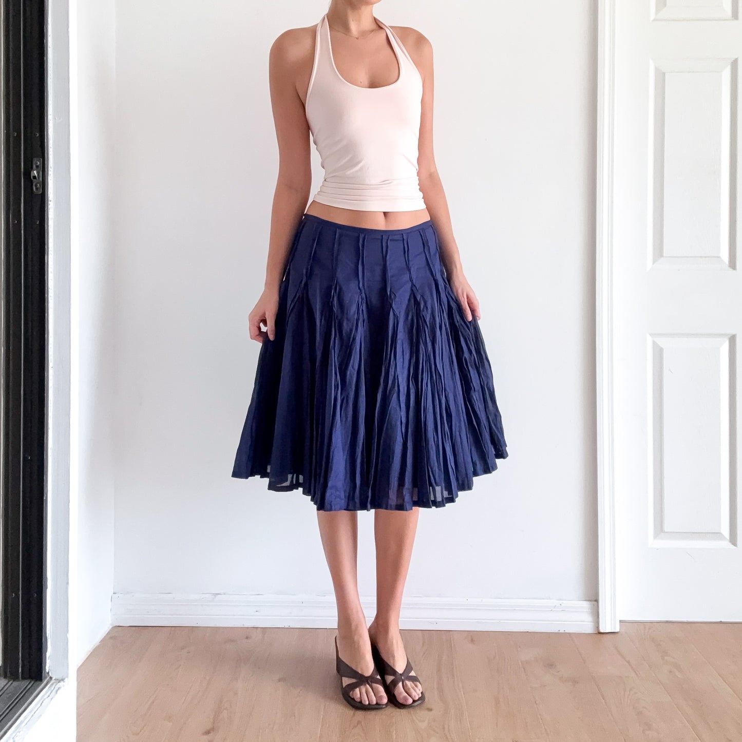 Y2K Dark Blue Cotton Pleated Midi Skirt / SZ M