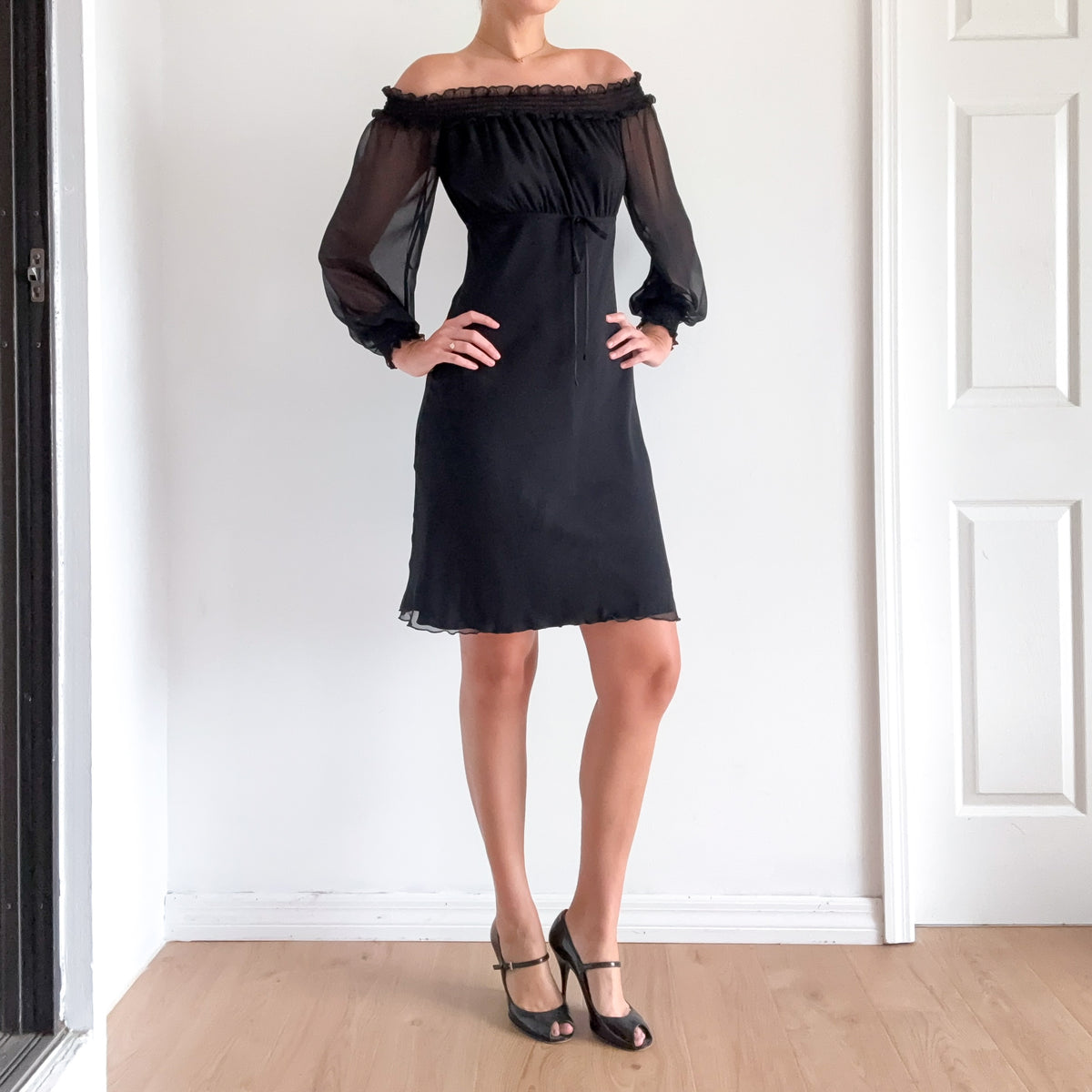 Y2K Black Chiffon Off The Shoulder Dress / SZ 4