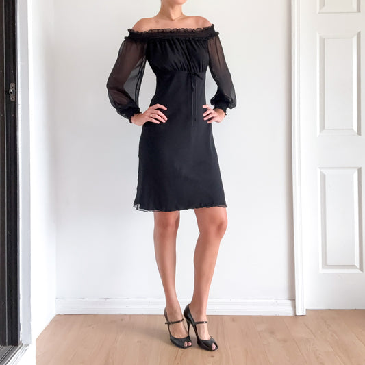 Y2K Black Chiffon Off The Shoulder Dress / SZ 4