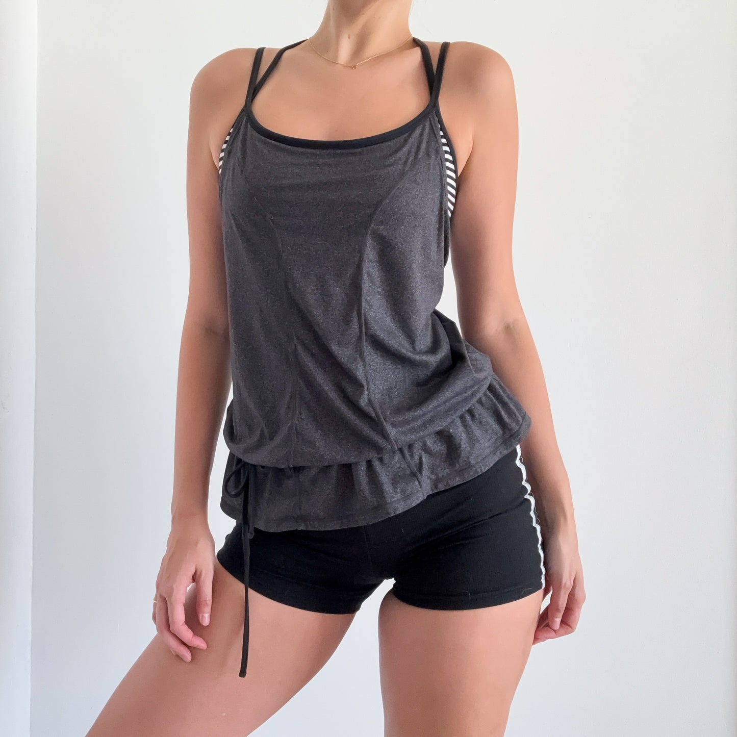 Y2K Grey Striped Layered Workout Top / SZ M