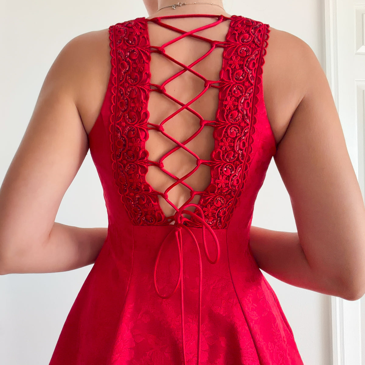80's Red Brocade Lace Up Cocktail Dress / SZ S