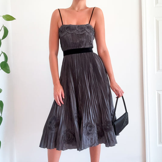 Y2K Grey Pleated Rosette Midi Dress / SZ S/M