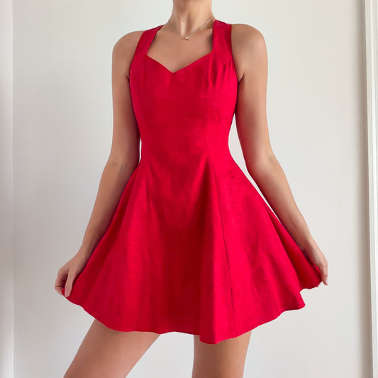 80's Red Brocade Lace Up Cocktail Dress / SZ S