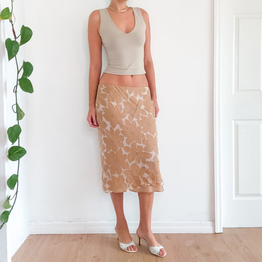 Y2K Tan Floral Silk Beaded Midi Skirt / SZ M/L