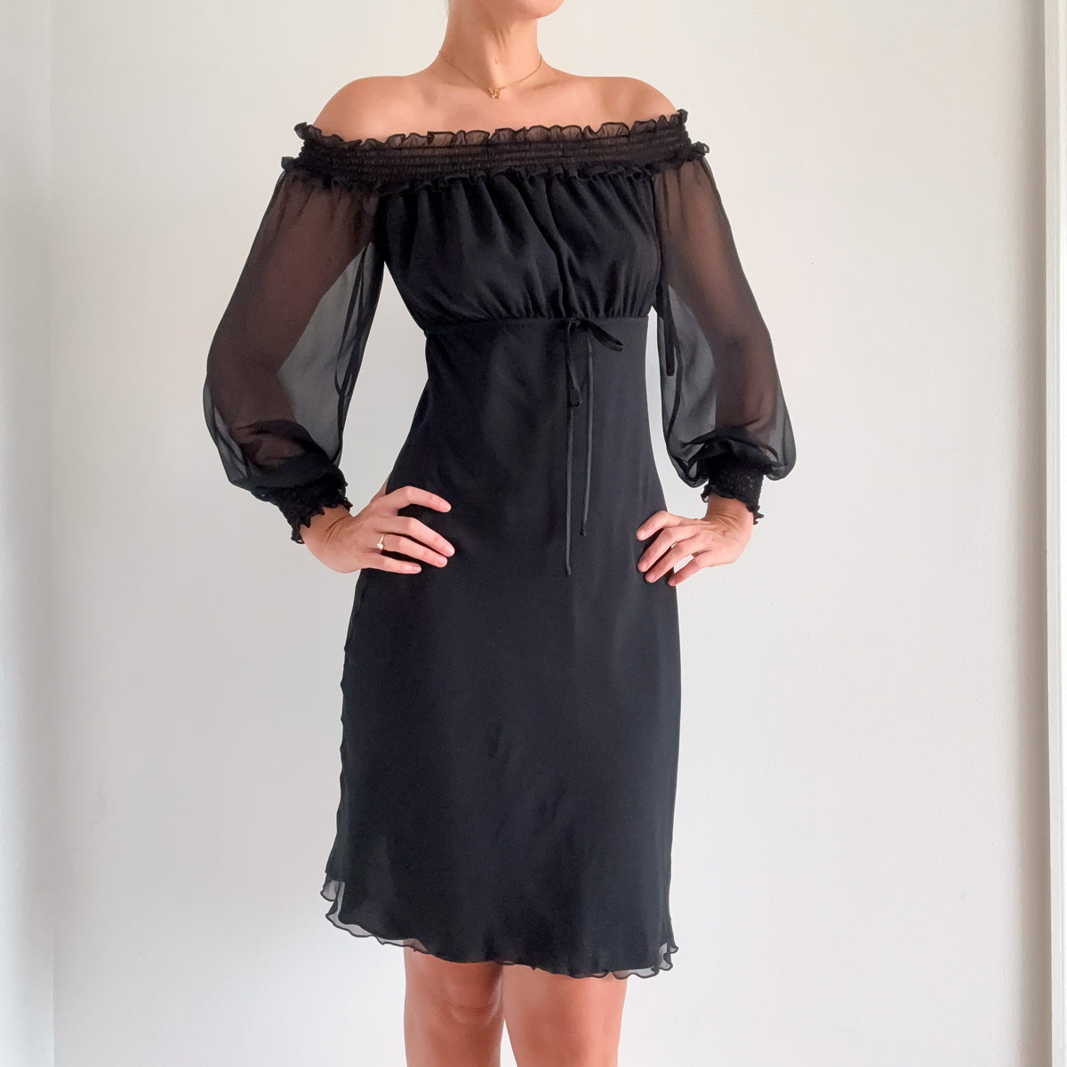 Y2K Black Chiffon Off The Shoulder Dress / SZ 4