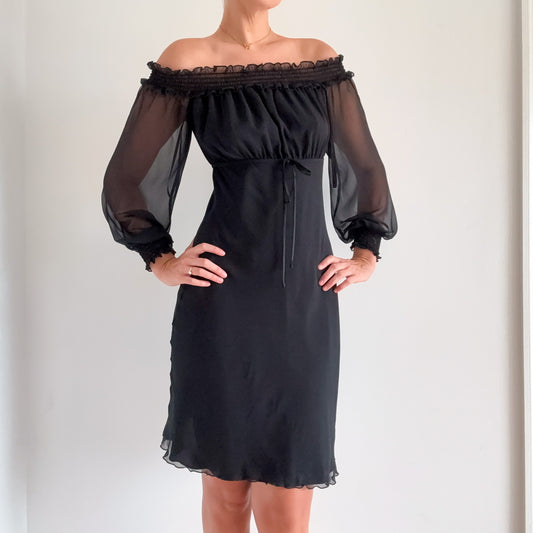 Y2K Black Chiffon Off The Shoulder Dress / SZ 4