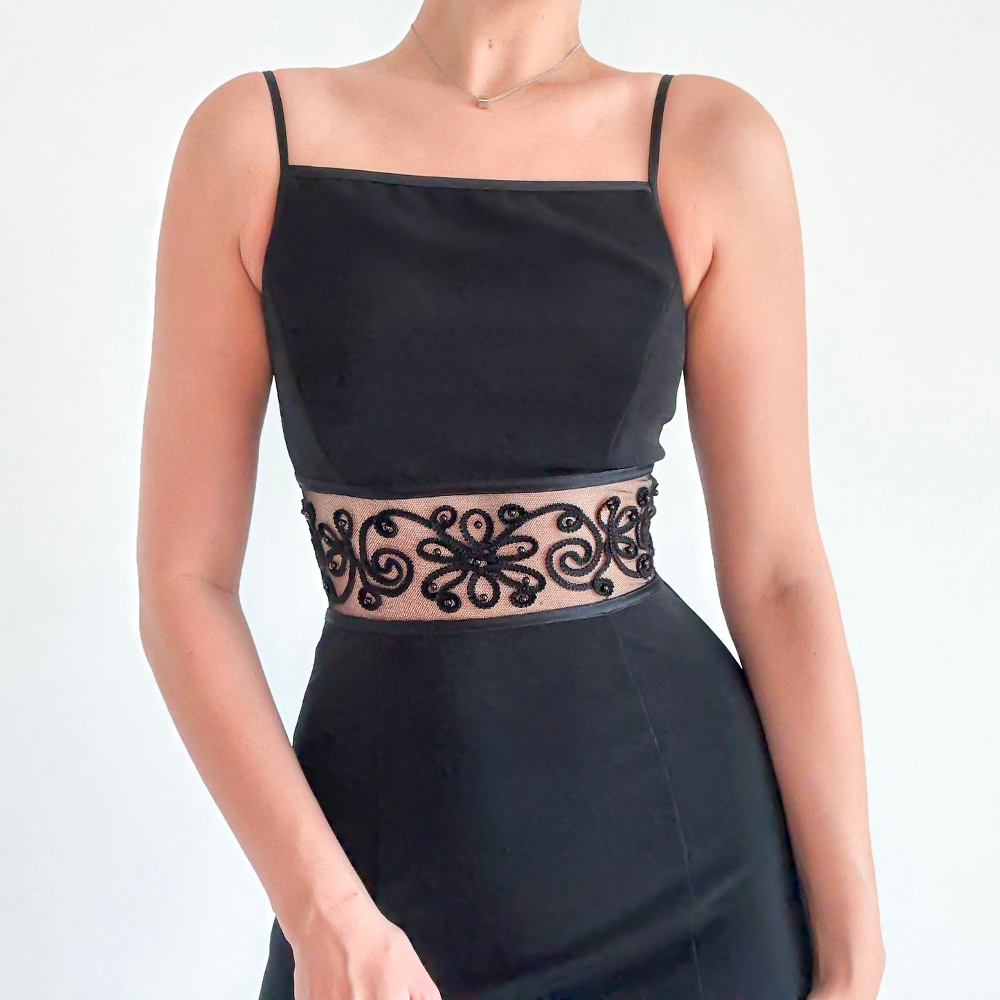 90's Black Embroidered Cutout Evening Dress / SZ S