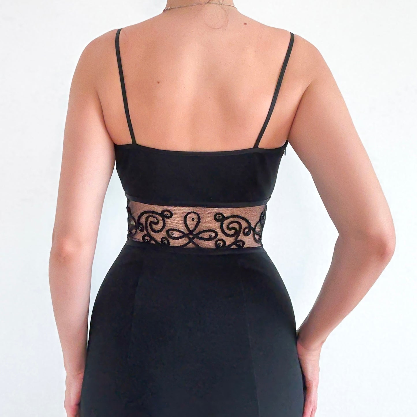 90's Black Embroidered Cutout Evening Dress / SZ S