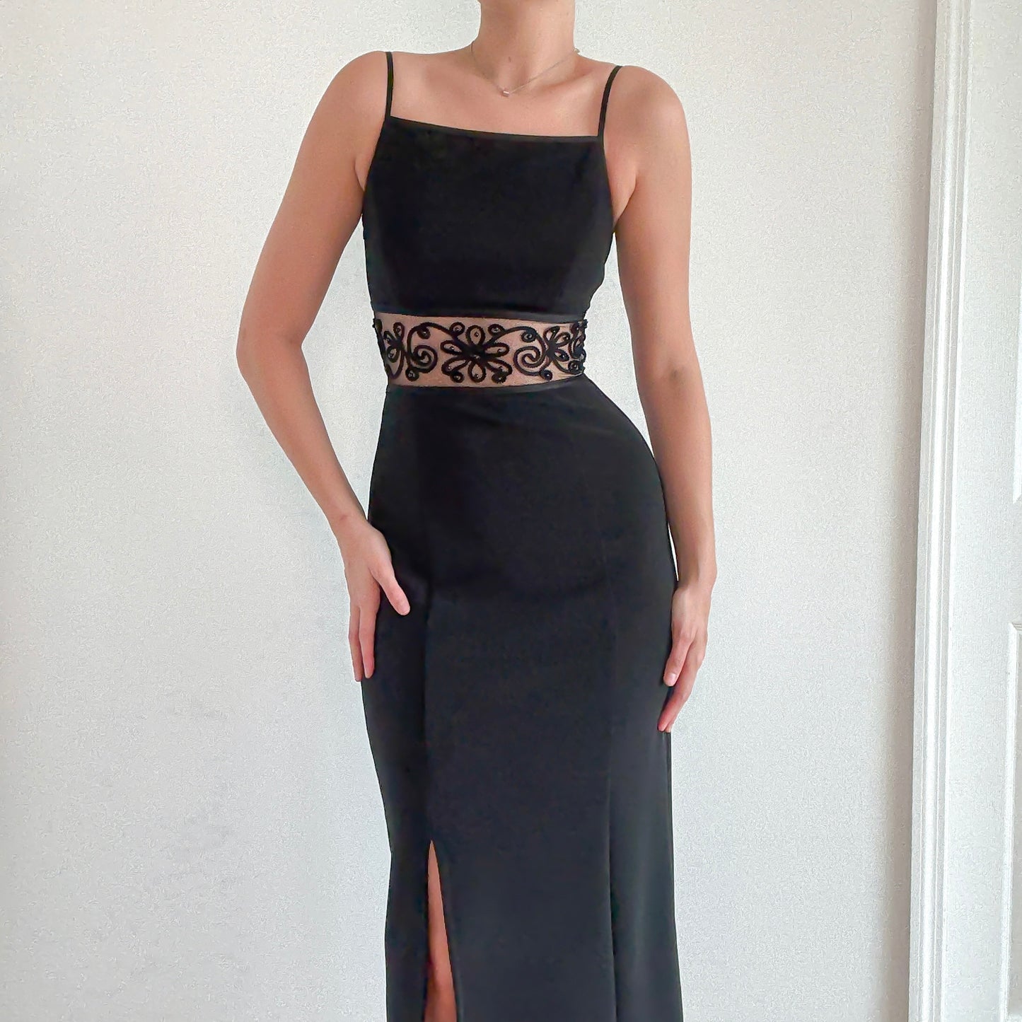 90's Black Embroidered Cutout Evening Dress / SZ S