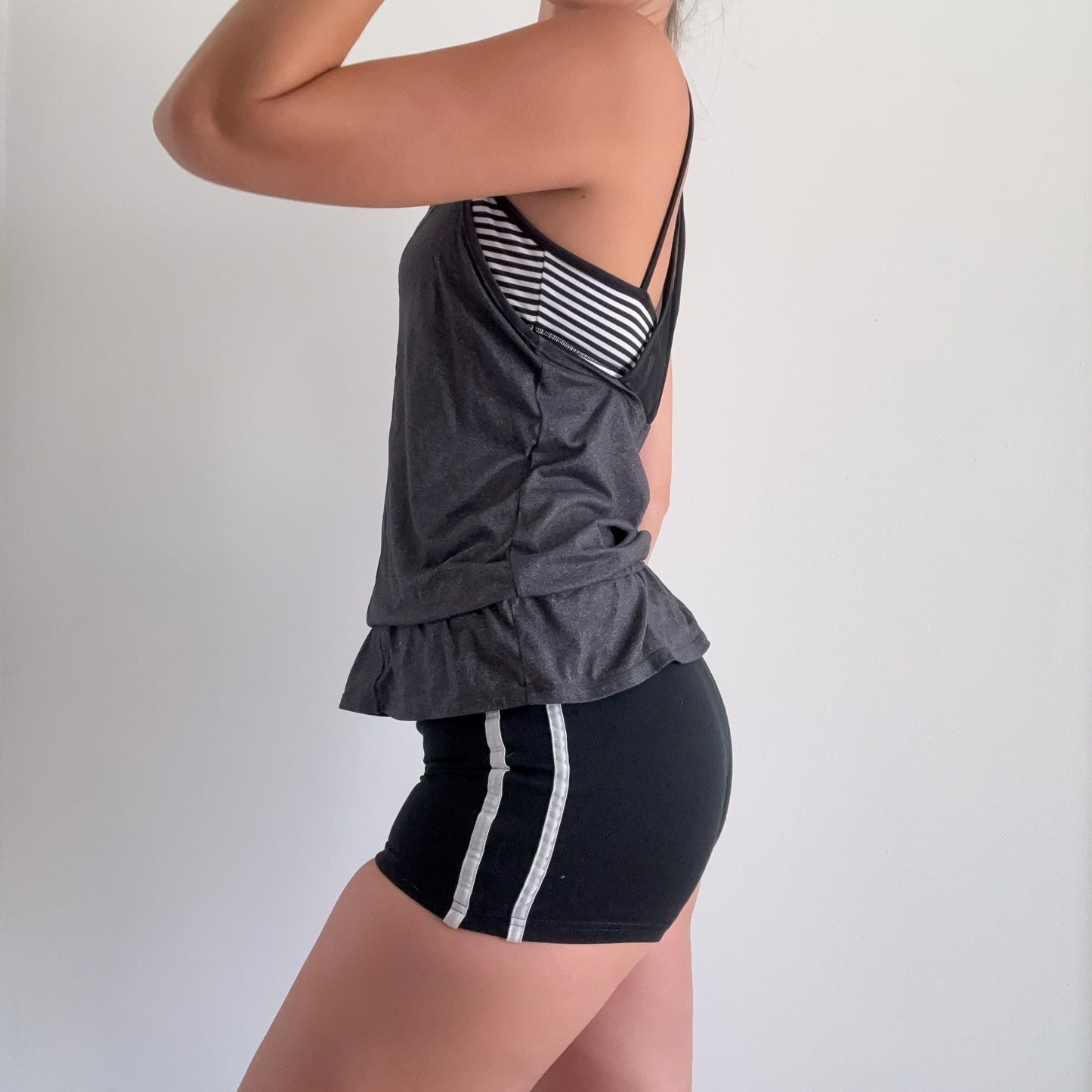 Y2K Grey Striped Layered Workout Top / SZ M