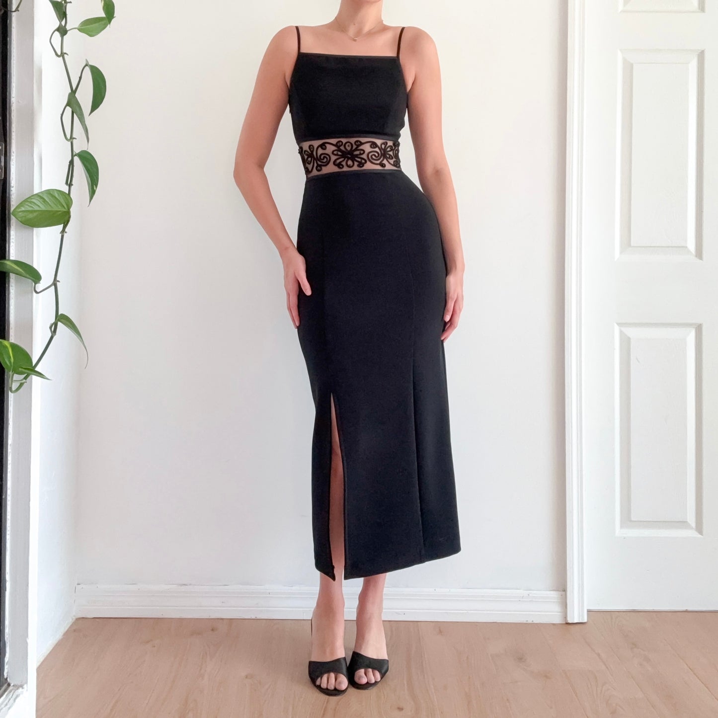 90's Black Embroidered Cutout Evening Dress / SZ S