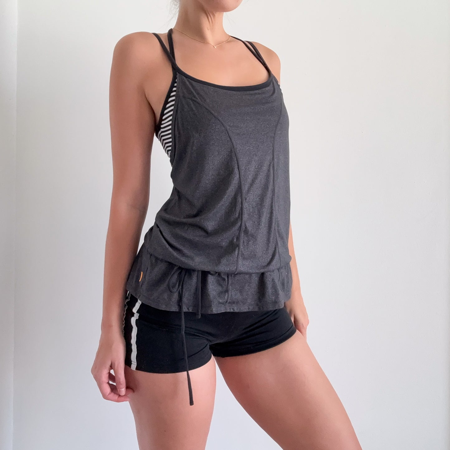 Y2K Grey Striped Layered Workout Top / SZ M