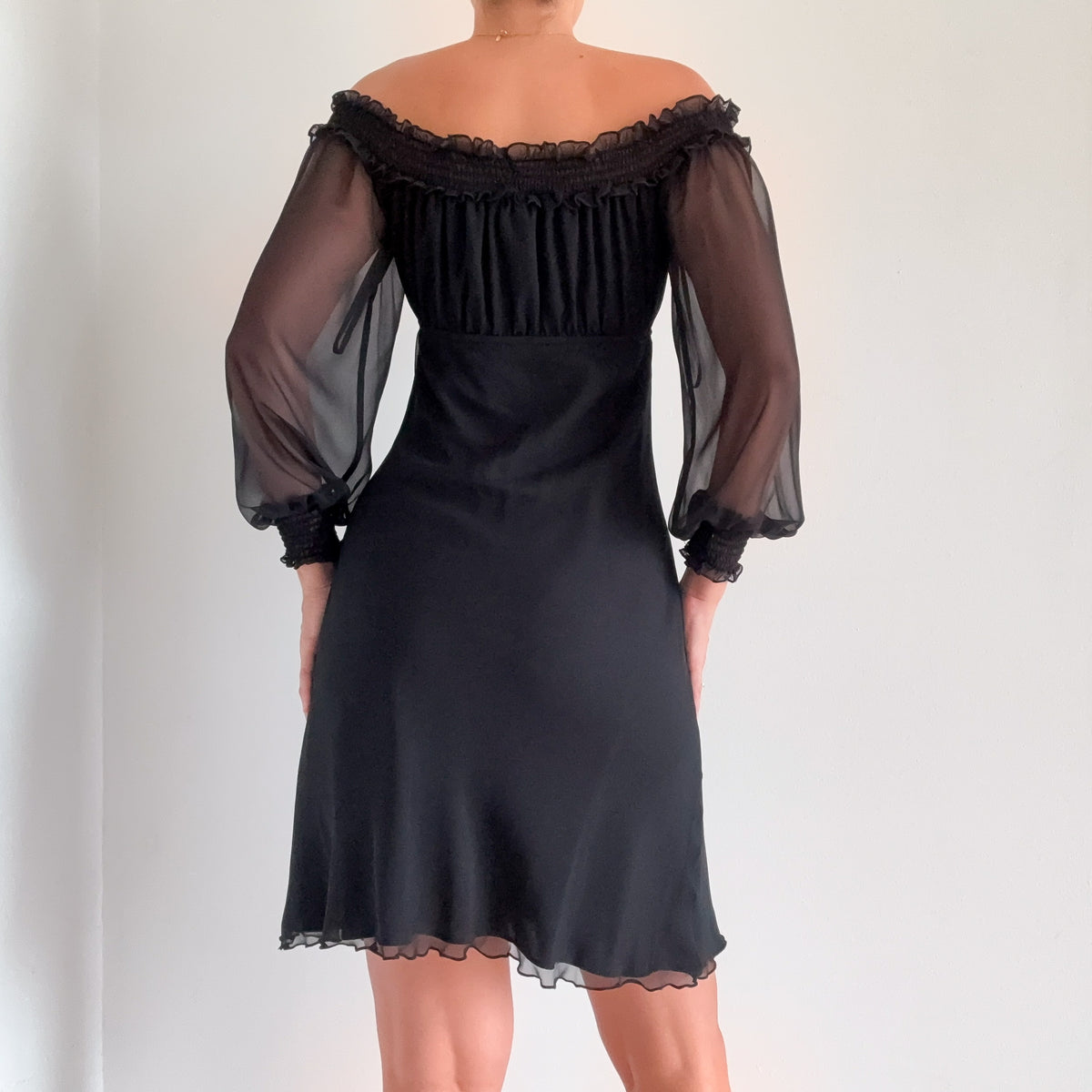 Y2K Black Chiffon Off The Shoulder Dress / SZ 4
