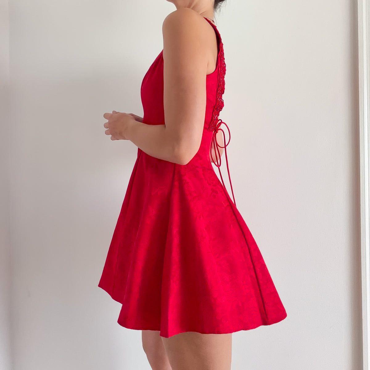 80's Red Brocade Lace Up Cocktail Dress / SZ S