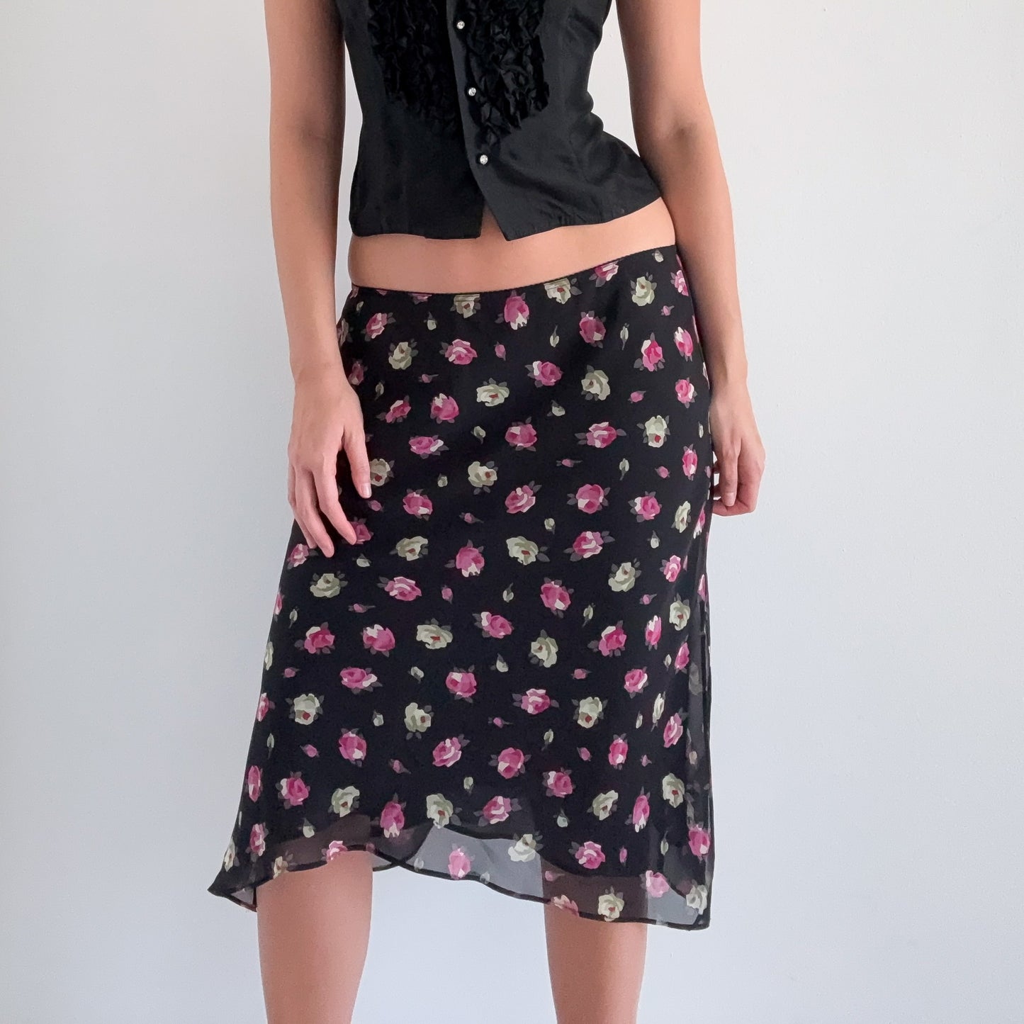 Y2K Black & Pink Rose Midi Skirt / SZ M-L