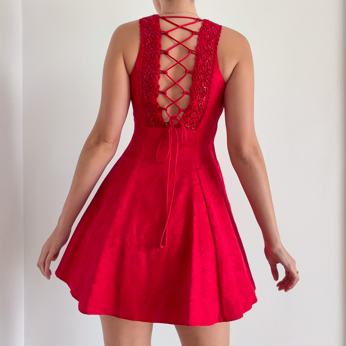 80's Red Brocade Lace Up Cocktail Dress / SZ S