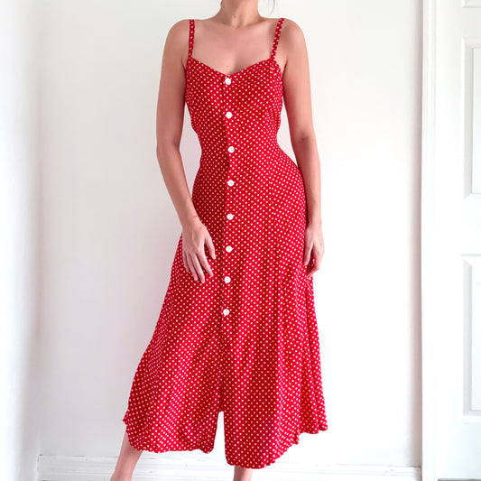 90's Italian Red Polka Dot Button Midi Dress / SZ M