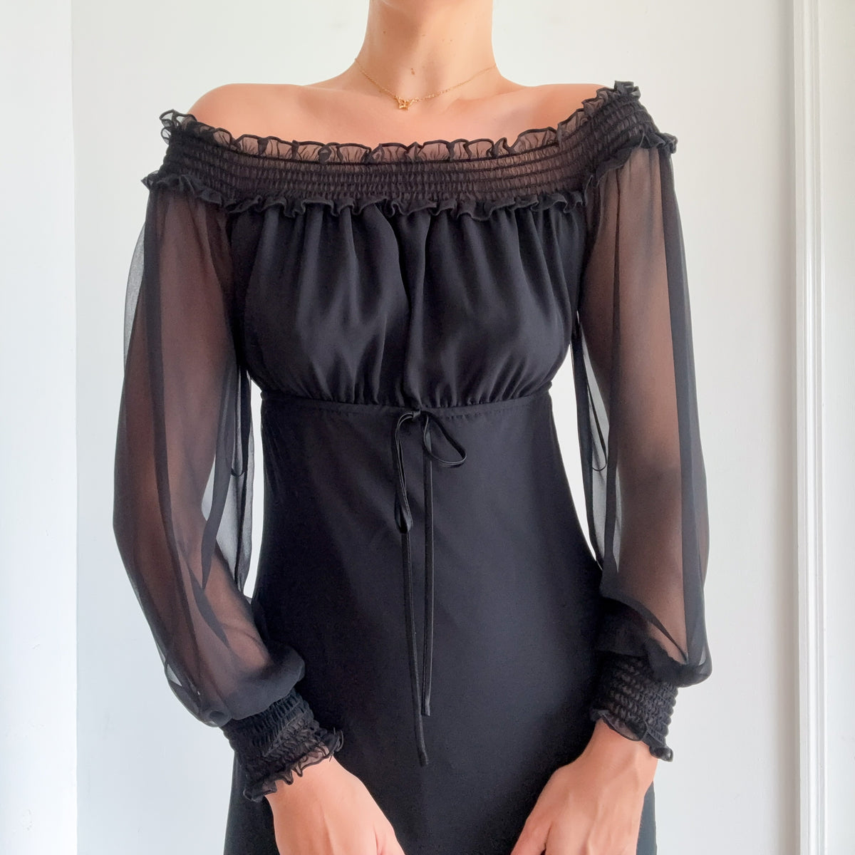 Y2K Black Chiffon Off The Shoulder Dress / SZ 4